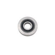 Circular ball bearing rub collar with gray outer ring and black inner bearing sleeve with center hole.