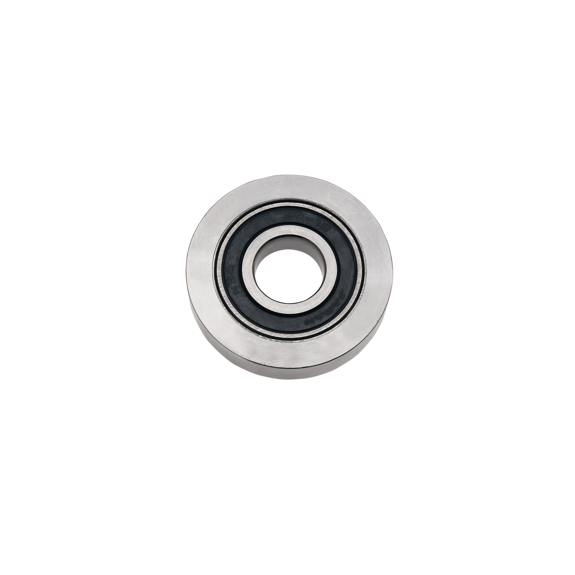 Circular ball bearing rub collar with gray outer ring and black inner bearing sleeve with center hole.