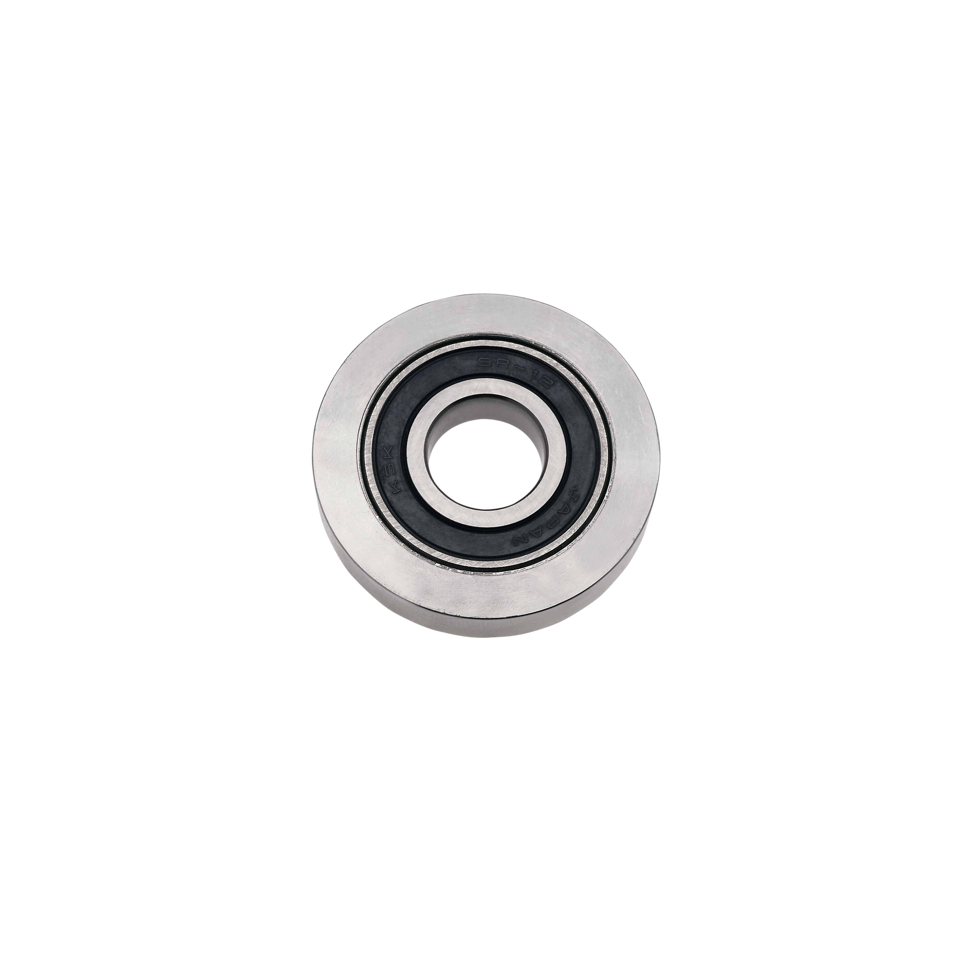 Circular ball bearing rub collar with gray outer ring and black inner bearing sleeve with center hole.