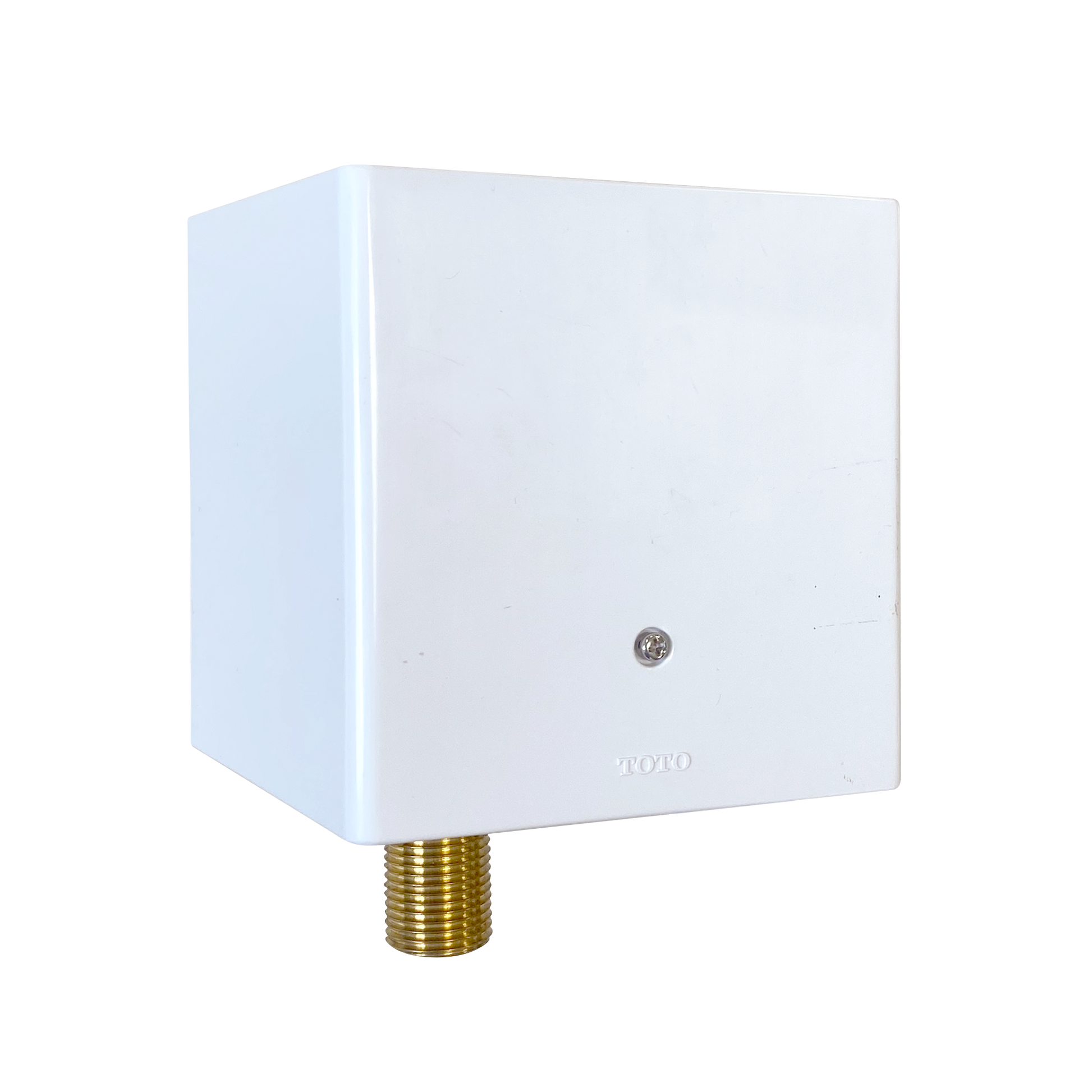 White cubic water valve controller with brass threaded connection port and sensor button on face.