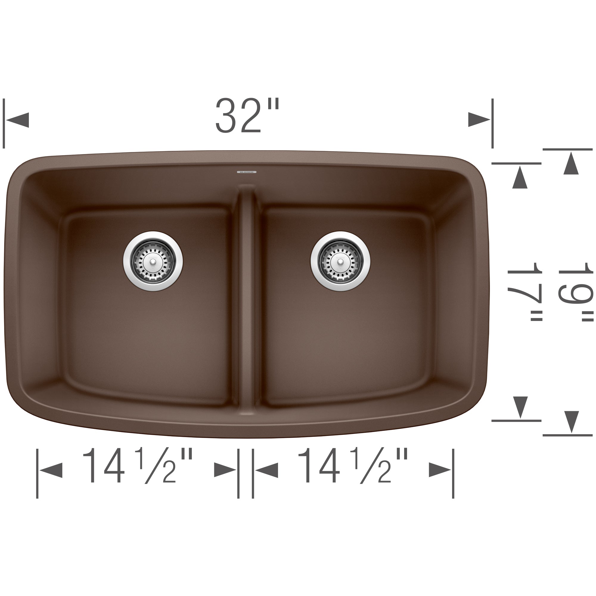 Cafe brown double undermount sink with two equal basins, low divider, and chrome drain strainers, 32" wide.
