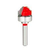 Router bit with red cutting head and ball bearing, silver metallic shank for classical cove and bead groove work.