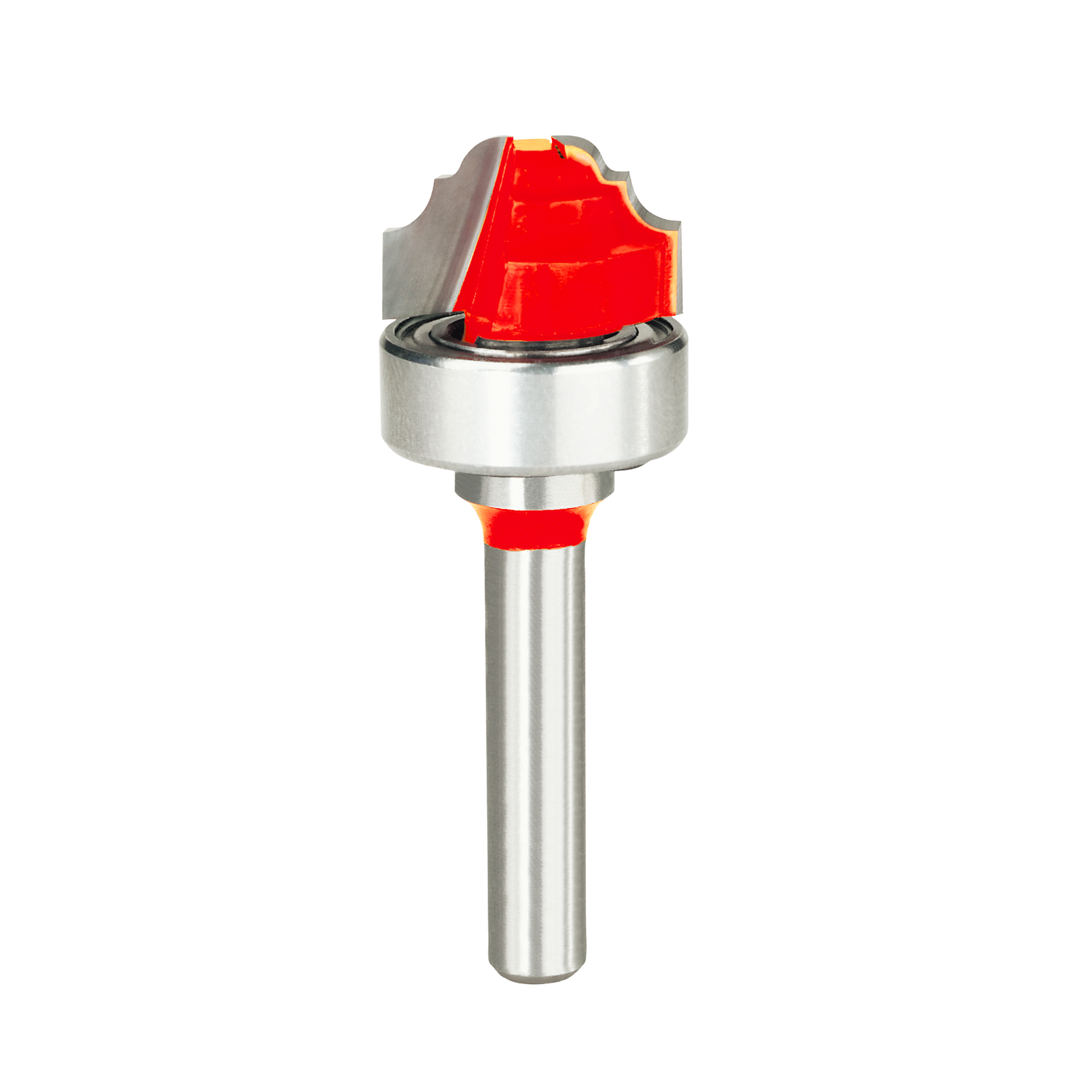 Router bit with red cutting head and ball bearing, silver metallic shank for classical cove and bead groove work.