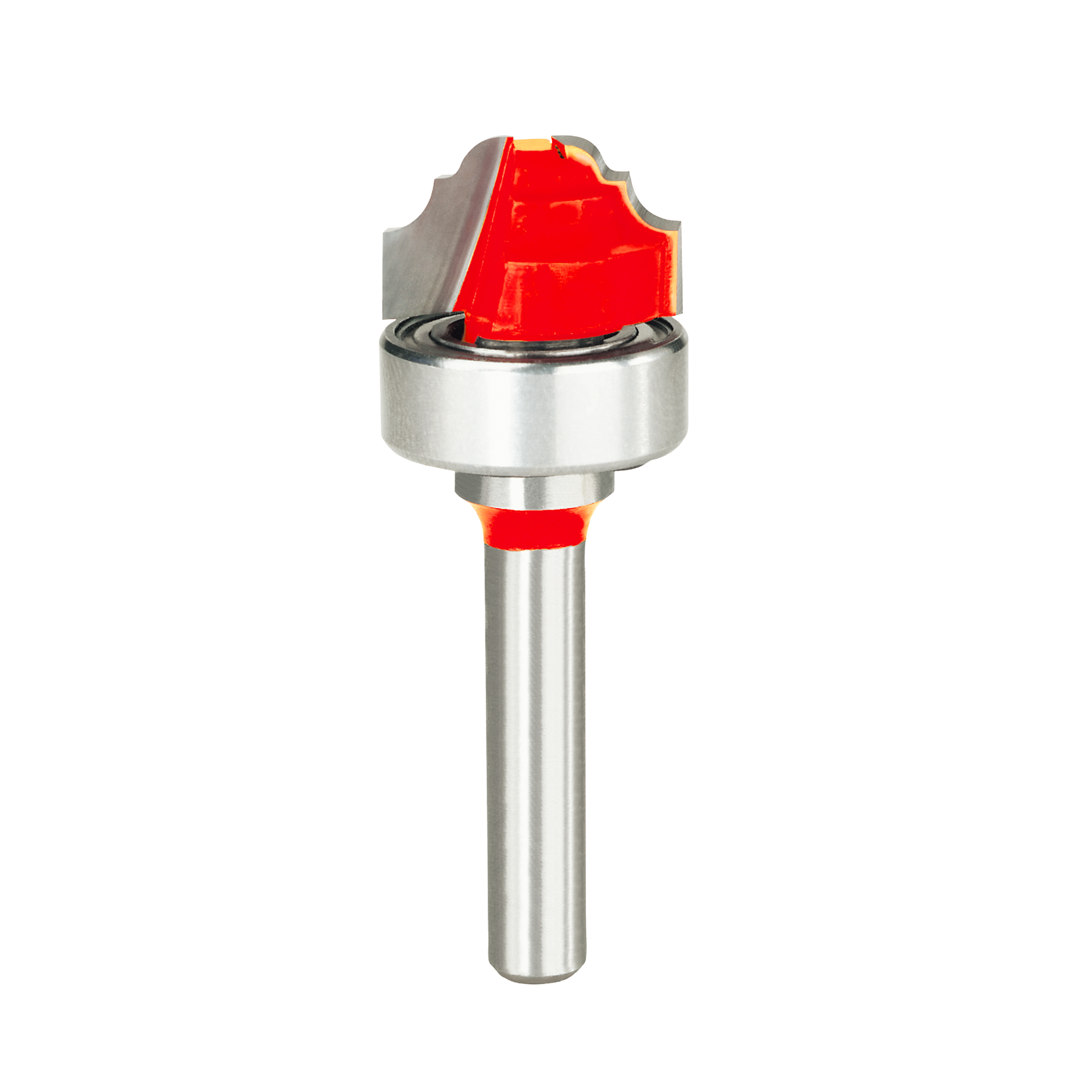Router bit with red cutting head and ball bearing, silver metallic shank for classical cove and bead groove work.