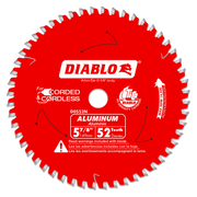 Red circular saw blade with 52 silver teeth, white center arbor hole, and Diablo branding on red surface.