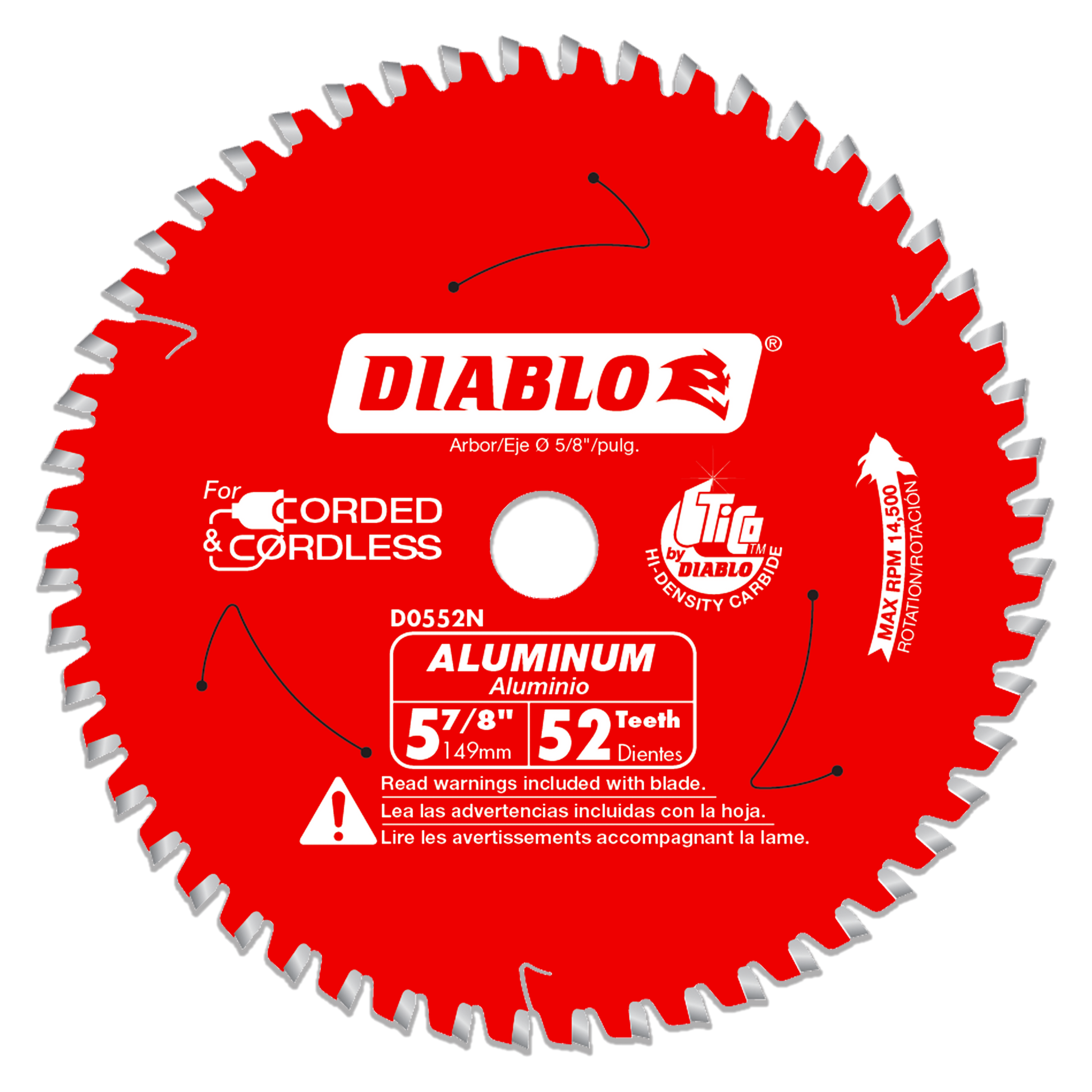 Red circular saw blade with 52 silver teeth, white center arbor hole, and Diablo branding on red surface.