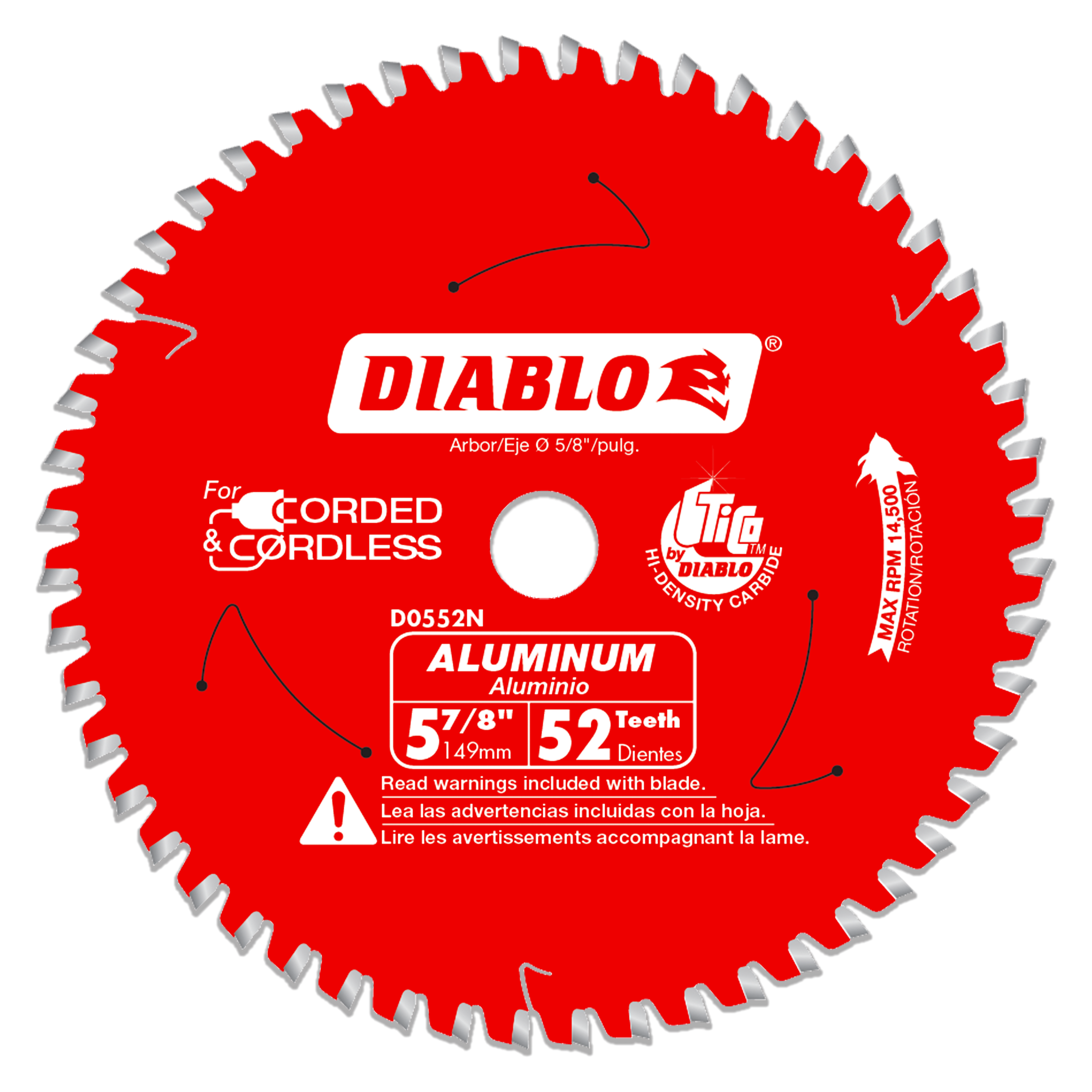 Red circular saw blade with 52 silver teeth, white center arbor hole, and Diablo branding on red surface.
