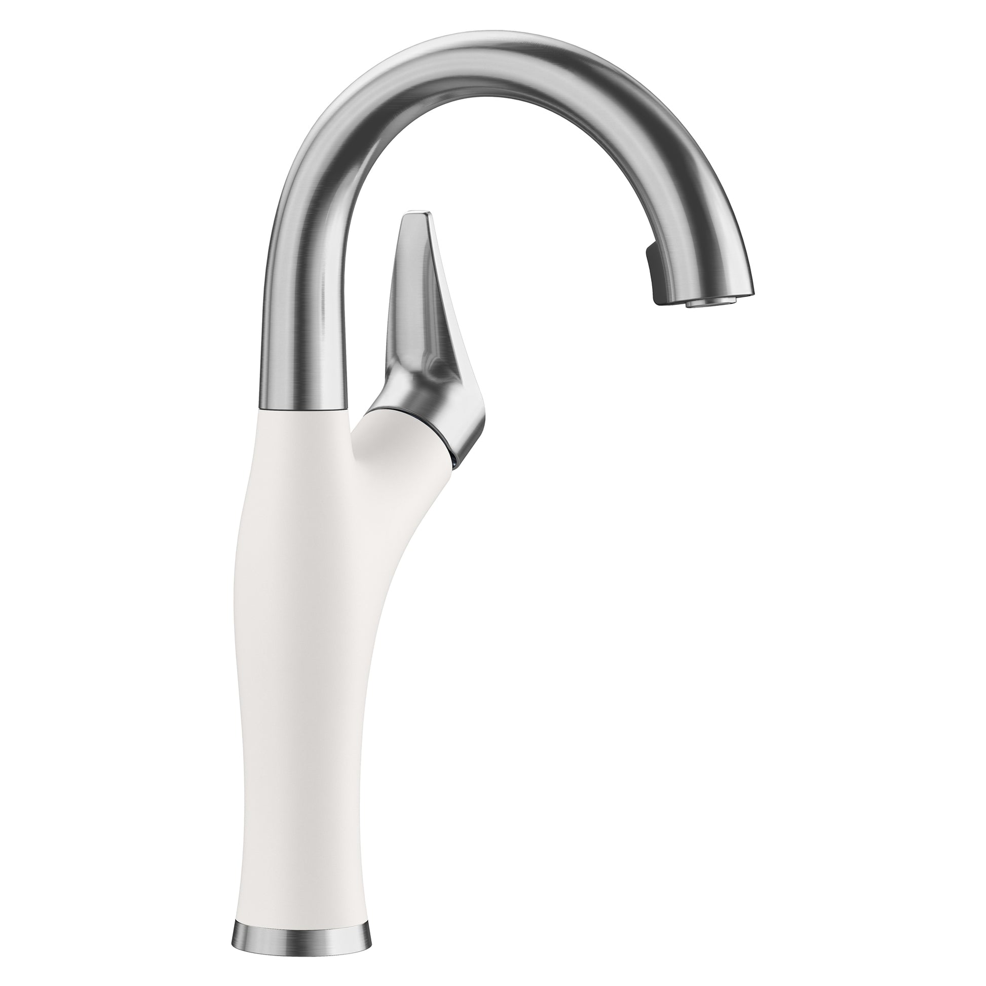 Bar faucet with white handle and stainless steel curved spout with pull-down spray head.
