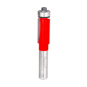 Bearing flush trim bit with red plastic body, metal shank, and ball bearing guide at top.