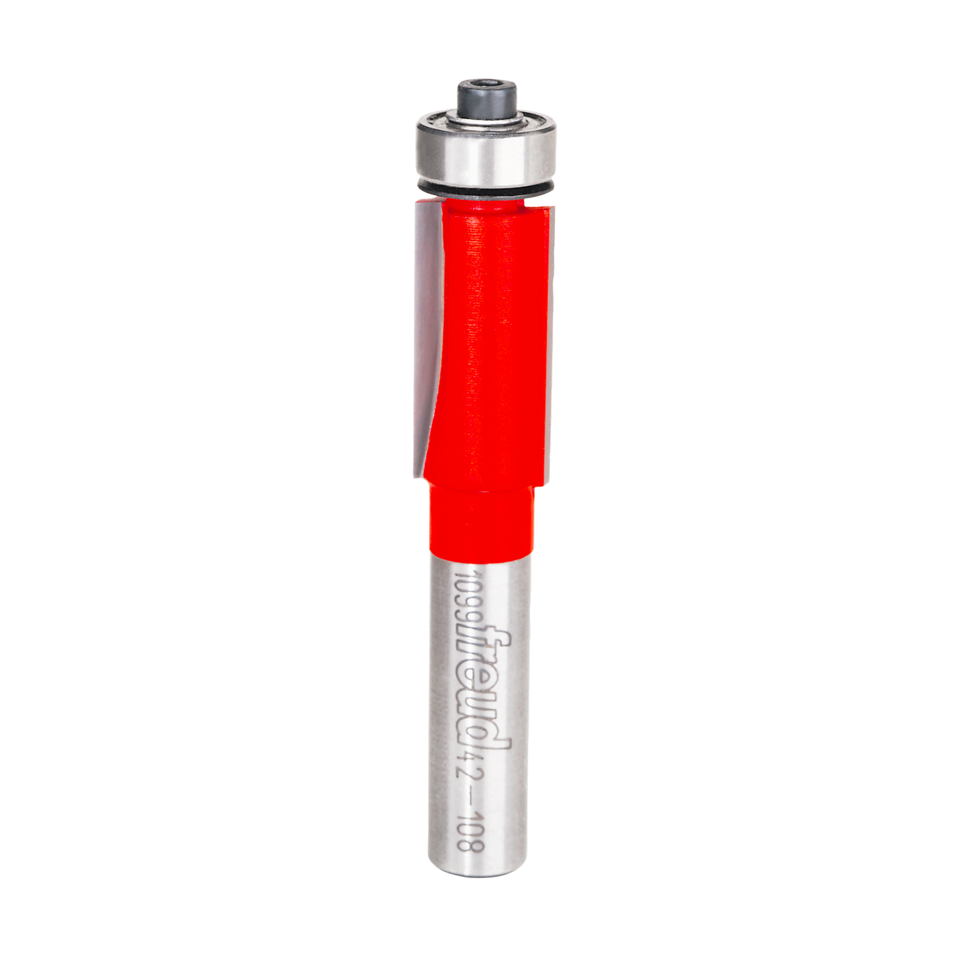 Bearing flush trim bit with red plastic body, metal shank, and ball bearing guide at top.