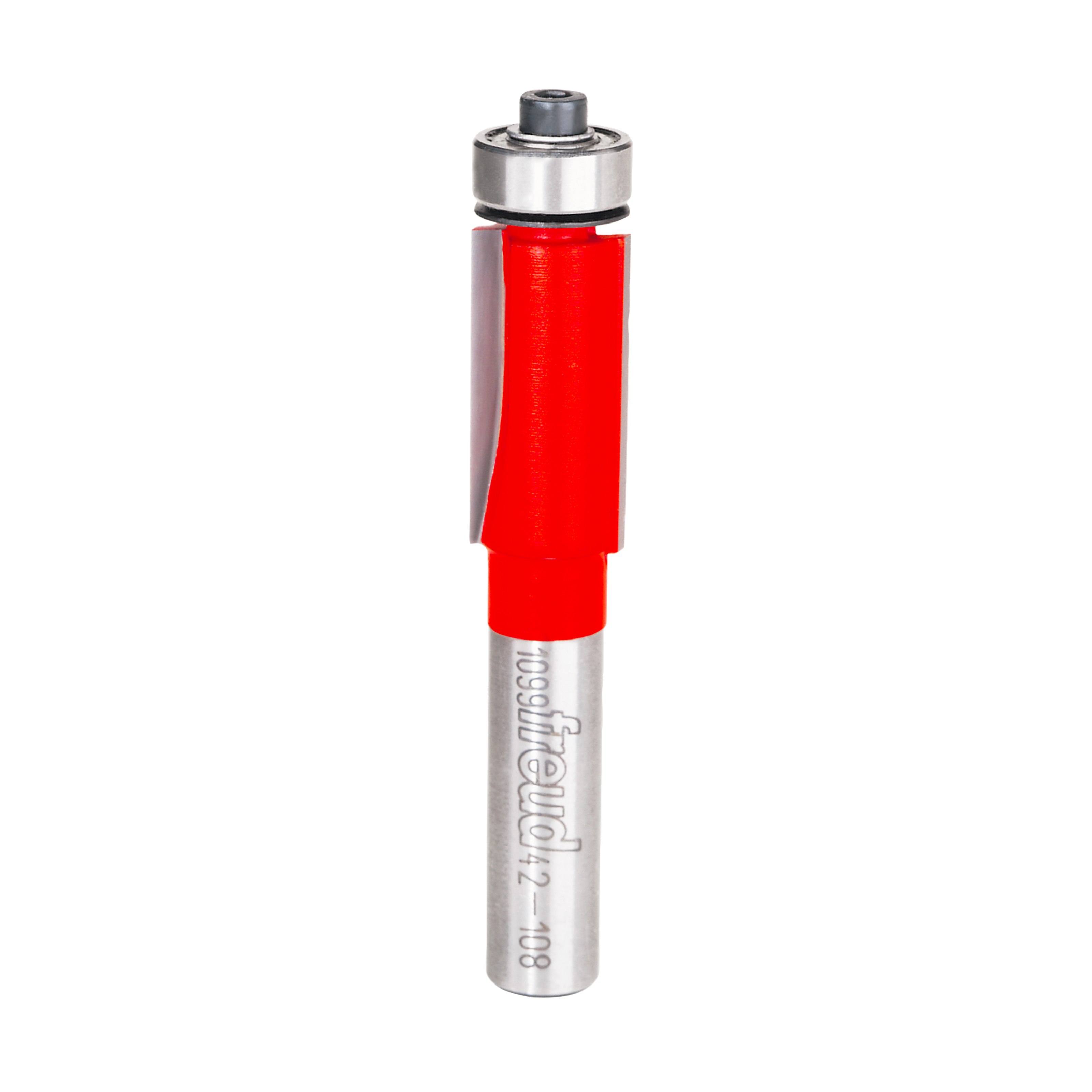 Bearing flush trim bit with red plastic body, metal shank, and ball bearing guide at top.