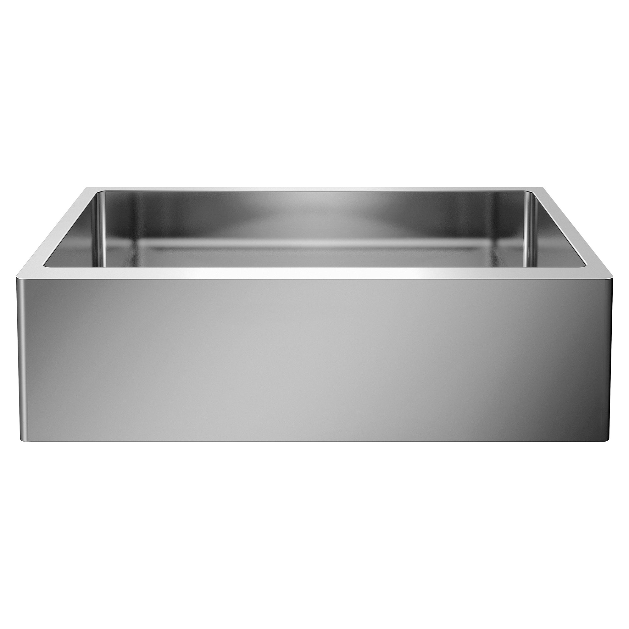 Stainless steel apron front single bowl kitchen sink with rounded corners and sloped interior walls.