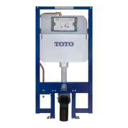 Toto in-wall toilet tank with dual-flush system mounted in blue steel carrier frame, showing white tank, internal flush valve