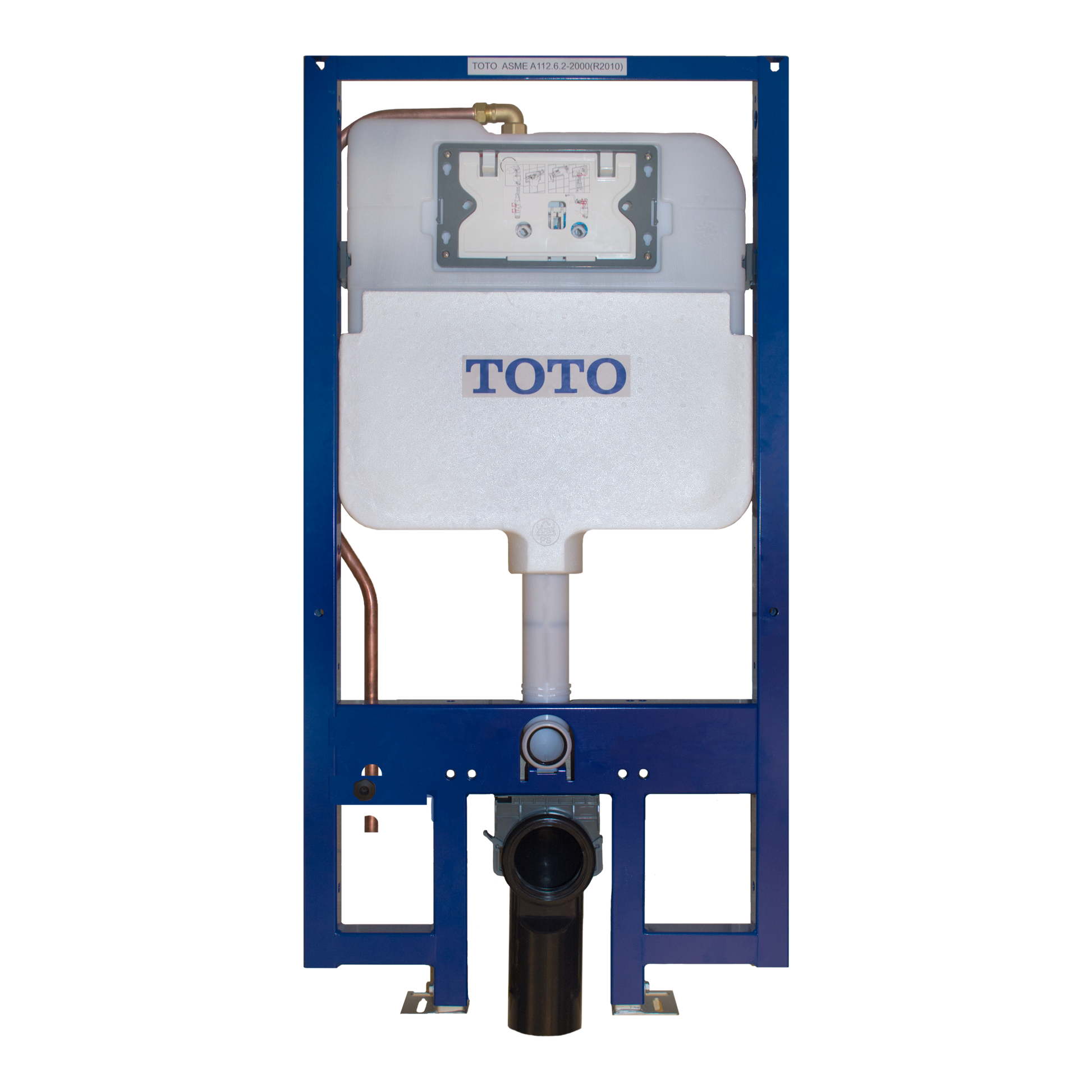 Toto in-wall toilet tank with dual-flush system mounted in blue steel carrier frame, showing white tank, internal flush valve