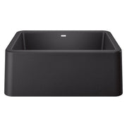 Anthracite single bowl farmhouse sink with rounded corners and apron front design.