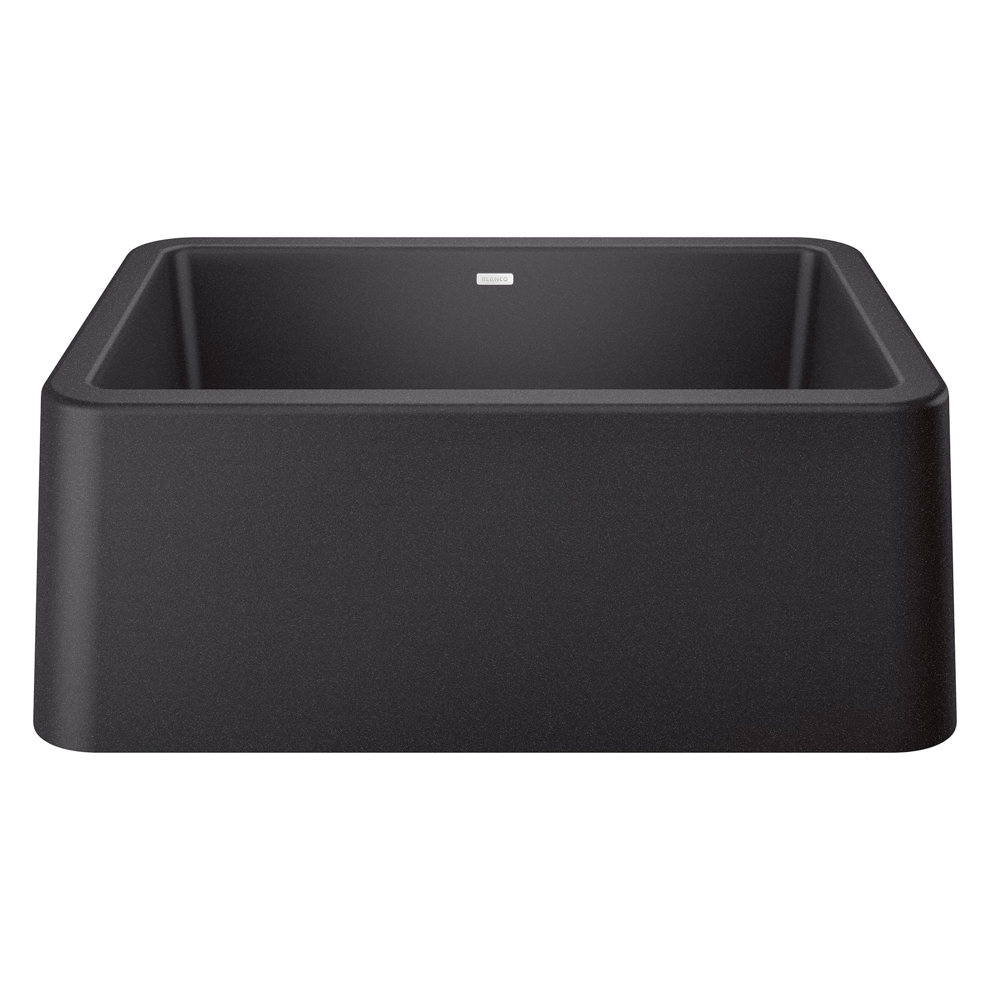 Anthracite single bowl farmhouse sink with rounded corners and apron front design.