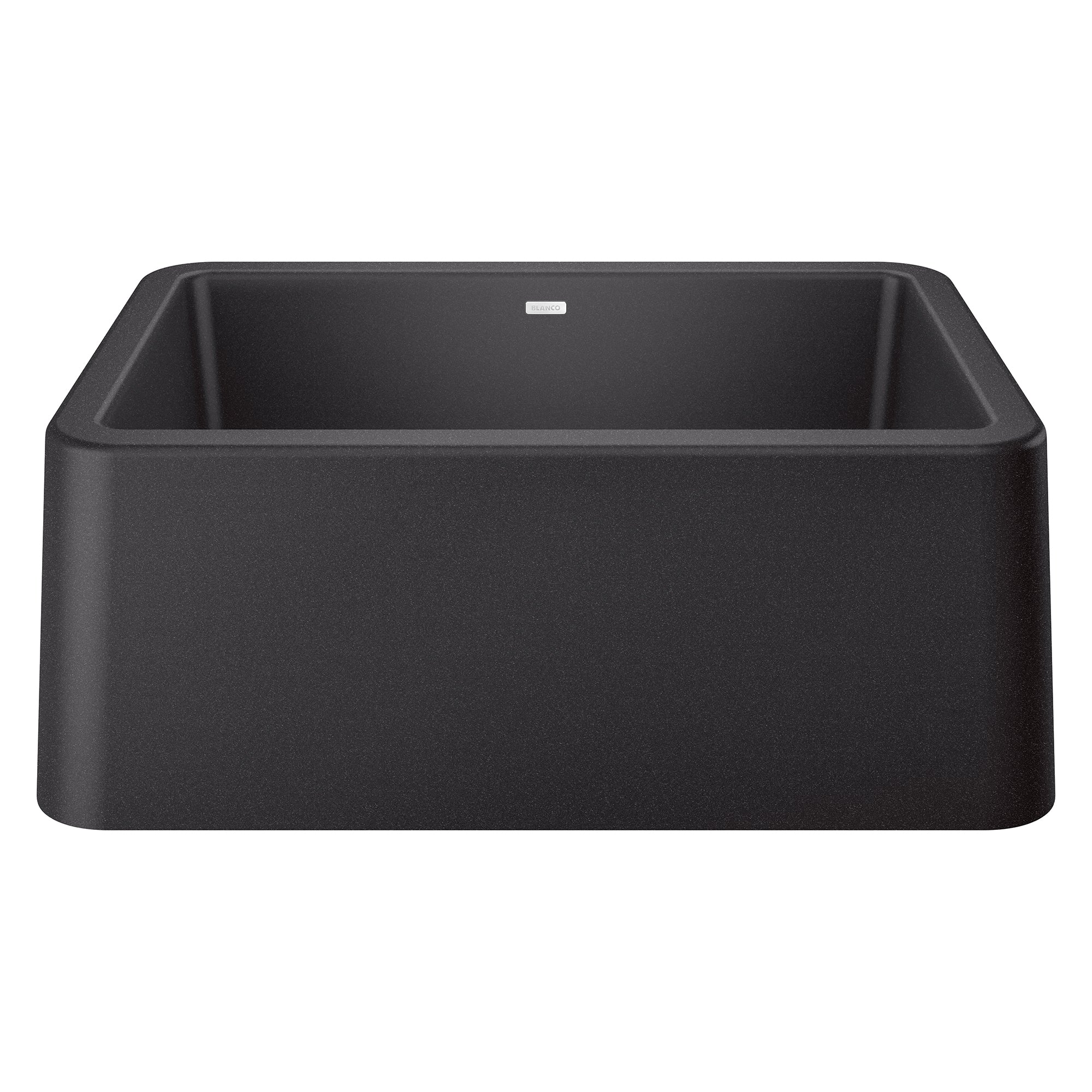 Anthracite single bowl farmhouse sink with rounded corners and apron front design.