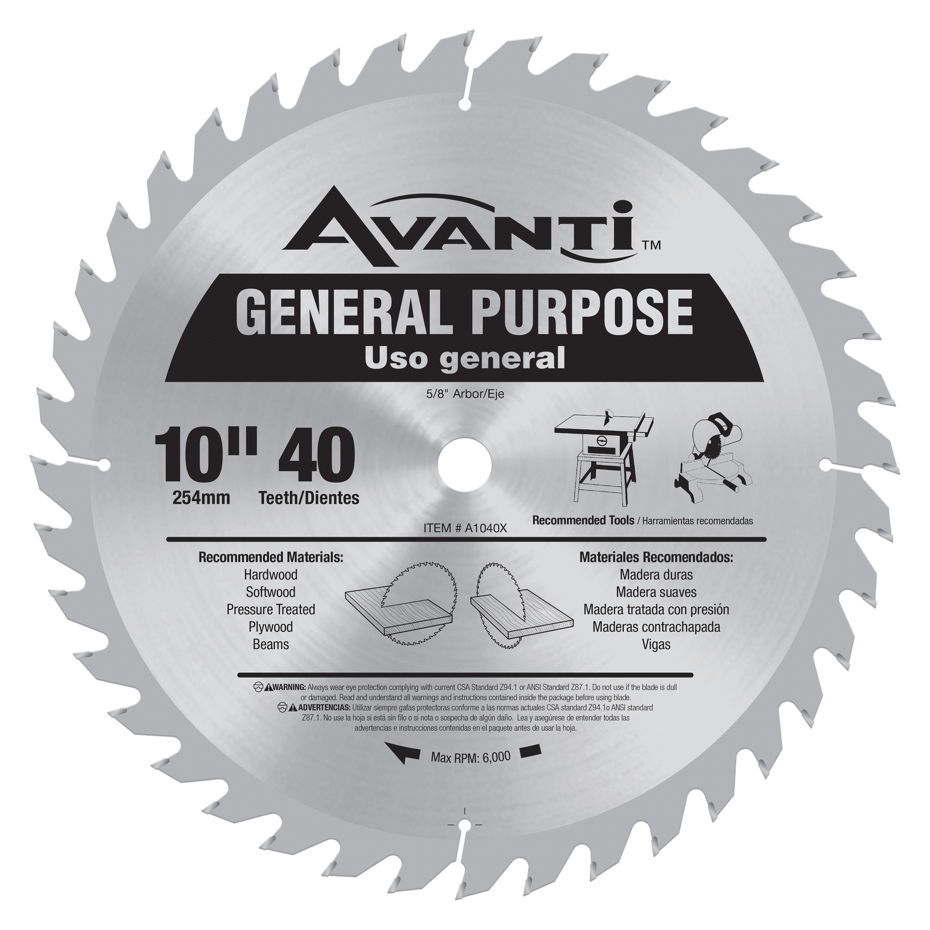 Avanti 10" circular saw blade with 40 teeth and 5/8" arbor hole for general purpose cutting.