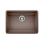 Cafe brown single undermount kitchen sink with rounded corners and chrome drain strainer.