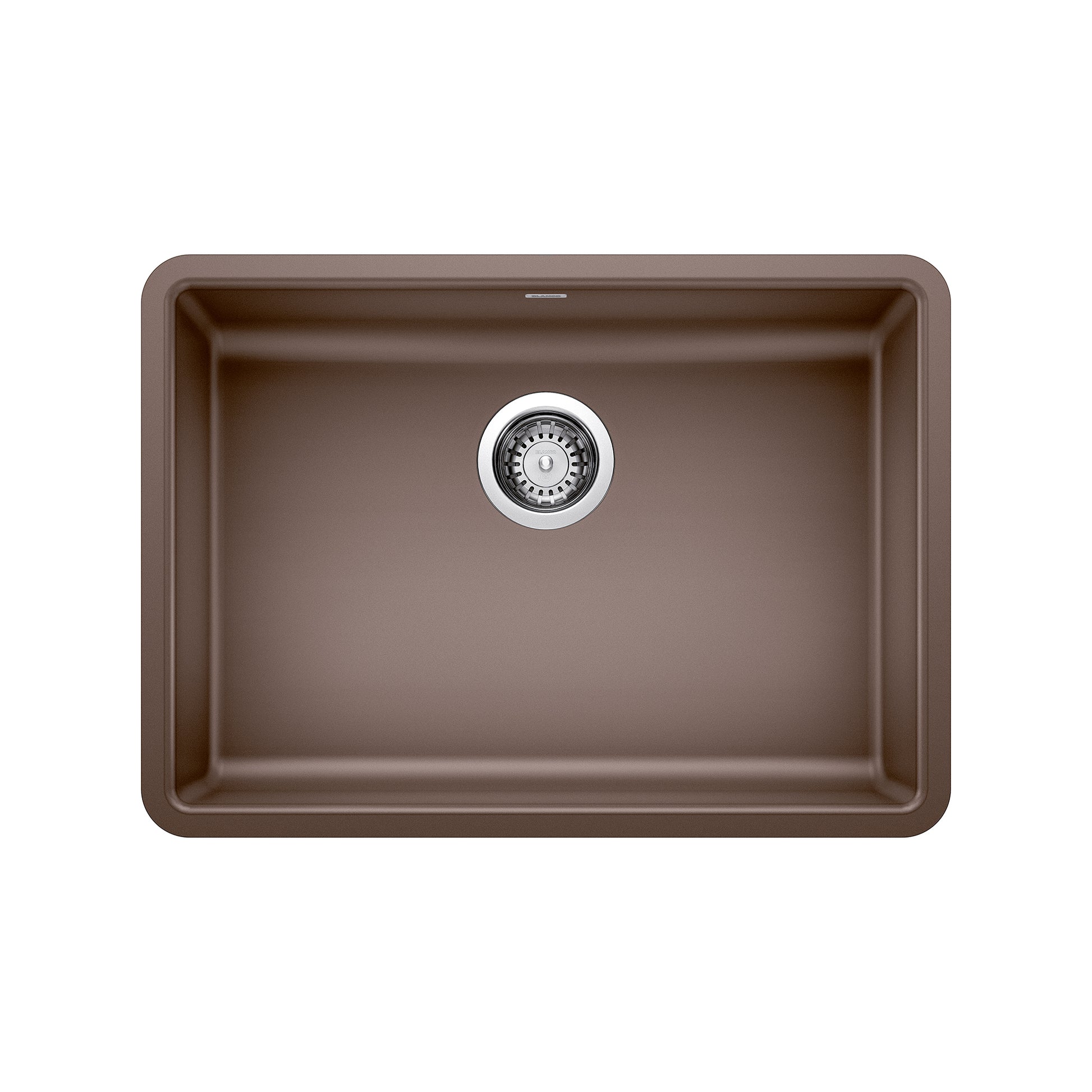 Cafe brown single undermount kitchen sink with rounded corners and chrome drain strainer.