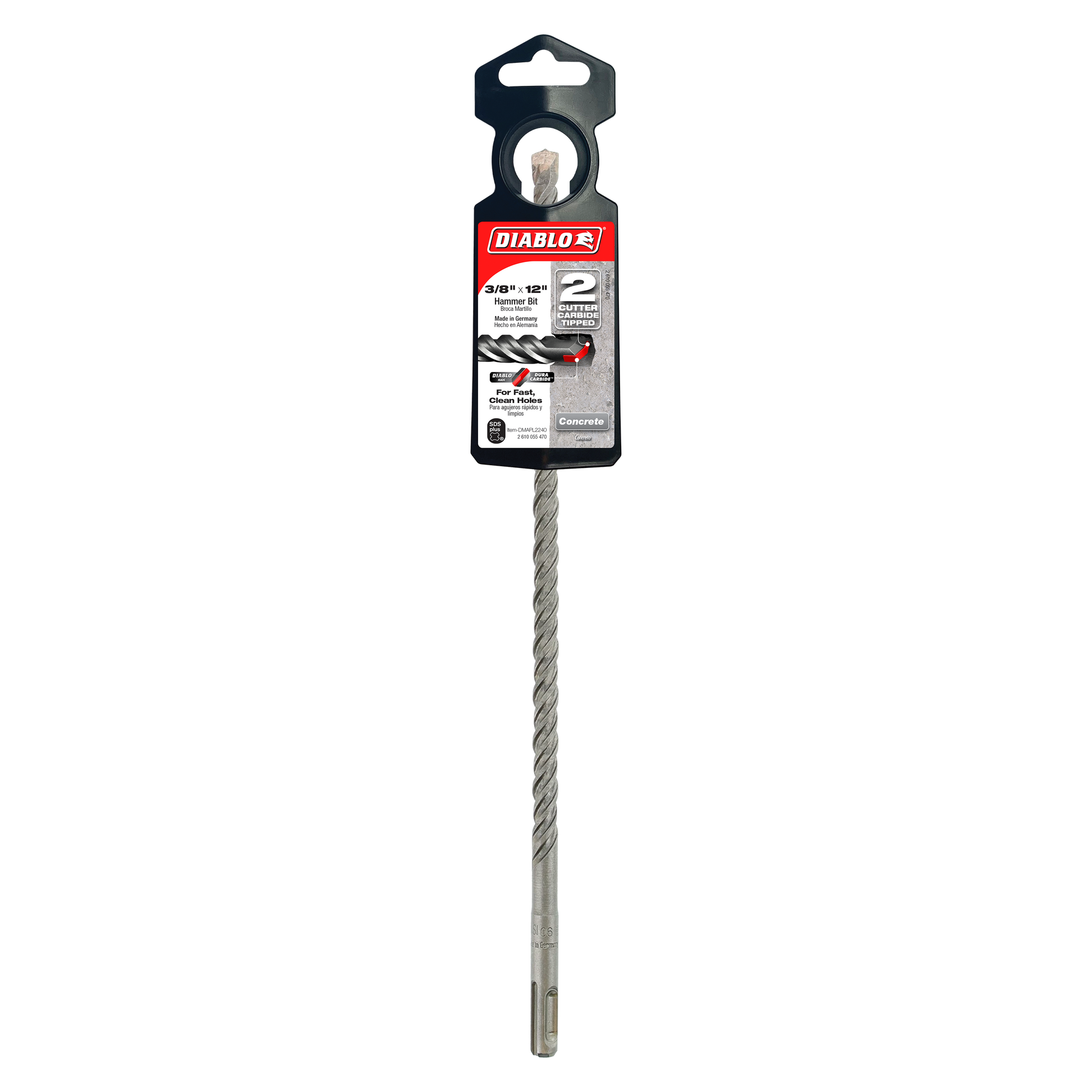 Diablo SDS-Plus drill bit with two cutting edges and gray twist flute design, packaged with black and red header card.
