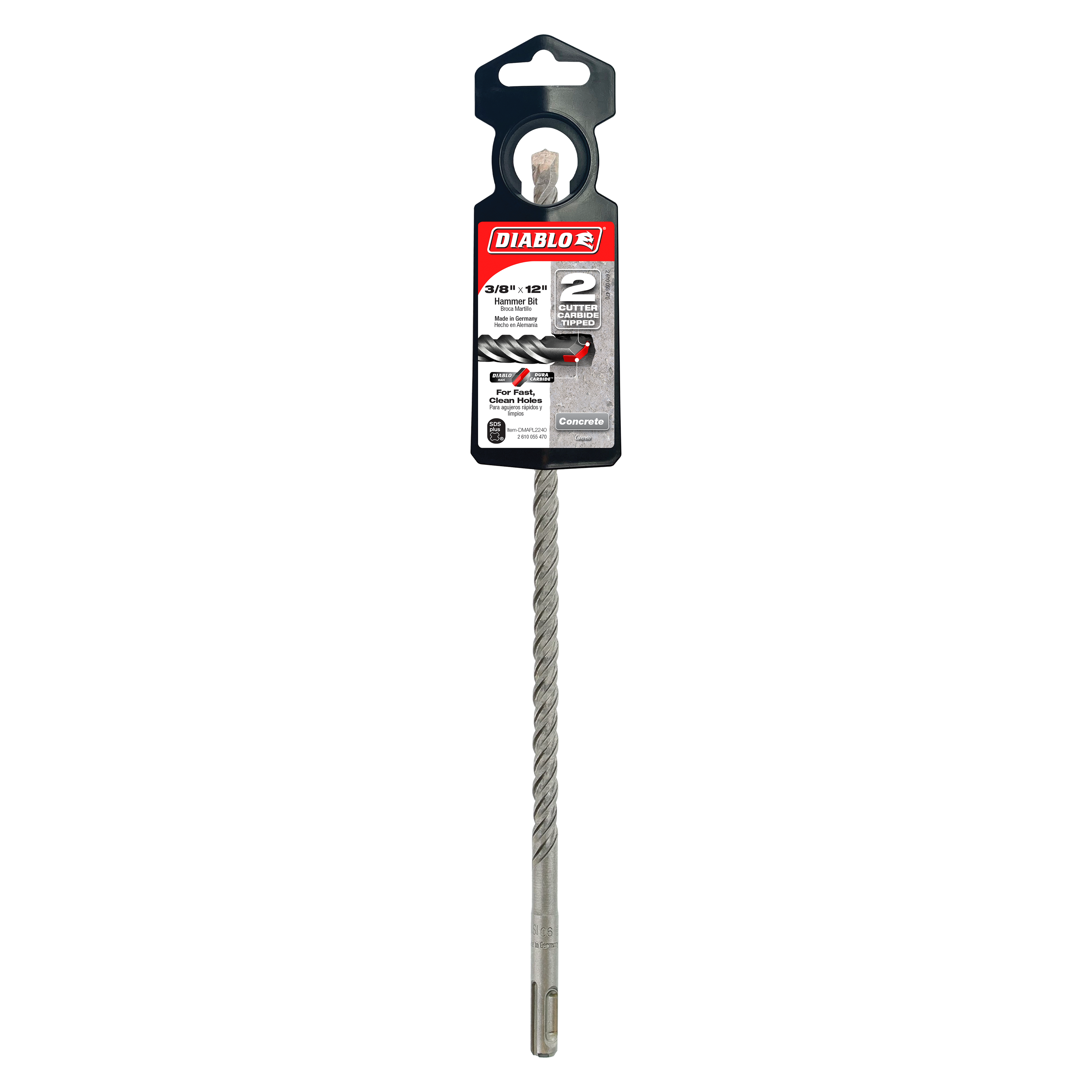 Diablo SDS-Plus drill bit with two cutting edges and gray twist flute design, packaged with black and red header card.