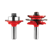 Two router bits with red cutting heads and steel shanks, one with a single curved profile and one with a stacked profile desi