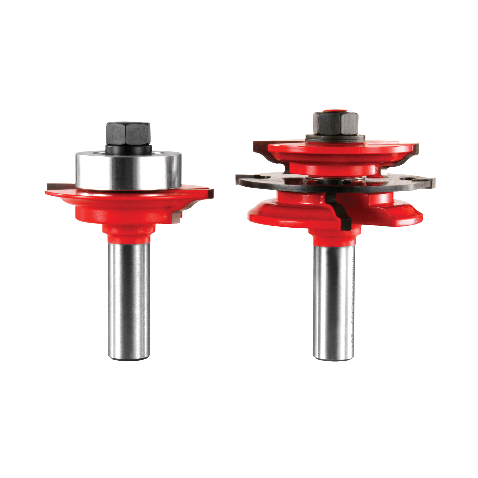 Two router bits with red cutting heads and steel shanks, one with a single curved profile and one with a stacked profile desi