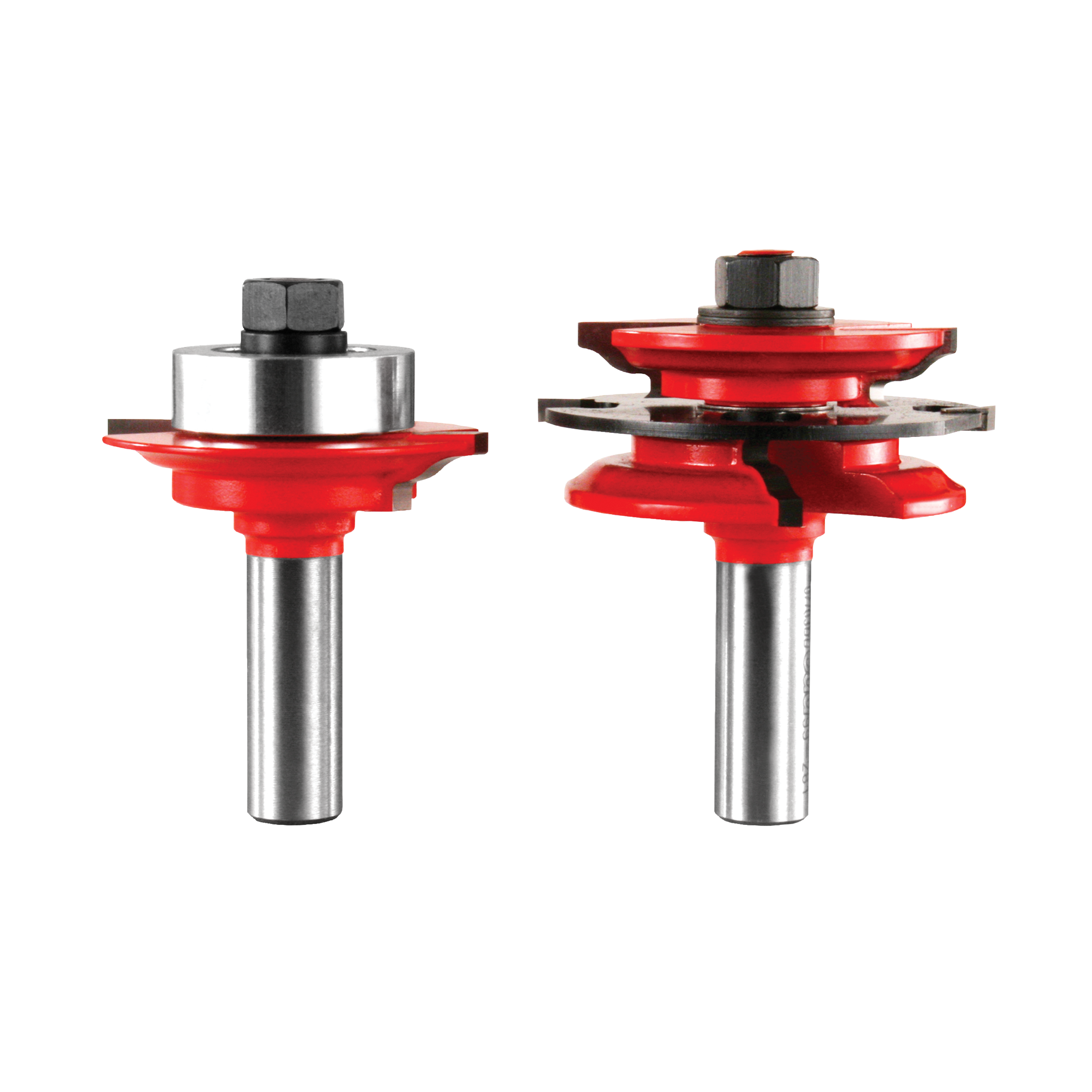 Two router bits with red cutting heads and steel shanks, one with a single curved profile and one with a stacked profile desi