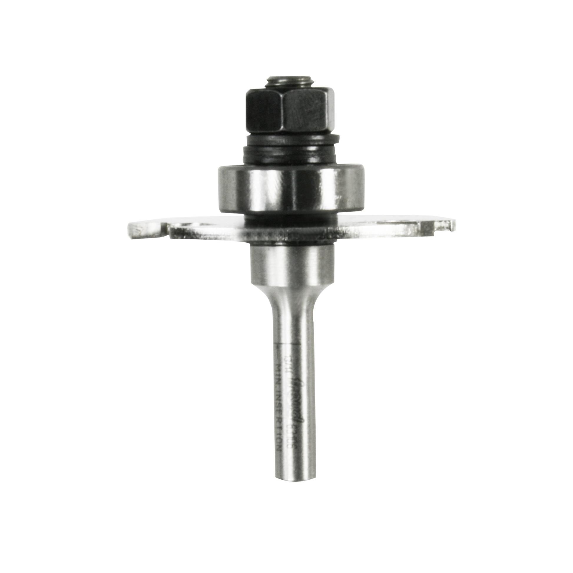 Freud slotting cutter with steel shaft, bearing collar, and black hex nut assembly for routing grooves.