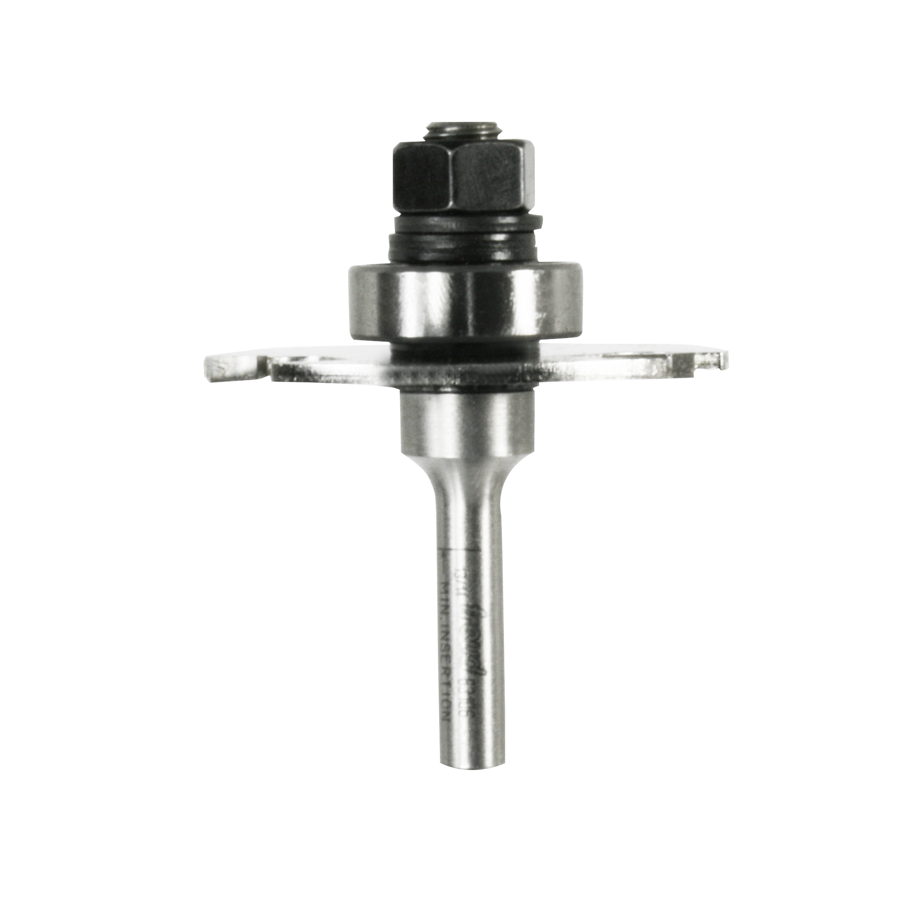 Freud slotting cutter with steel shaft, bearing collar, and black hex nut assembly for routing grooves.