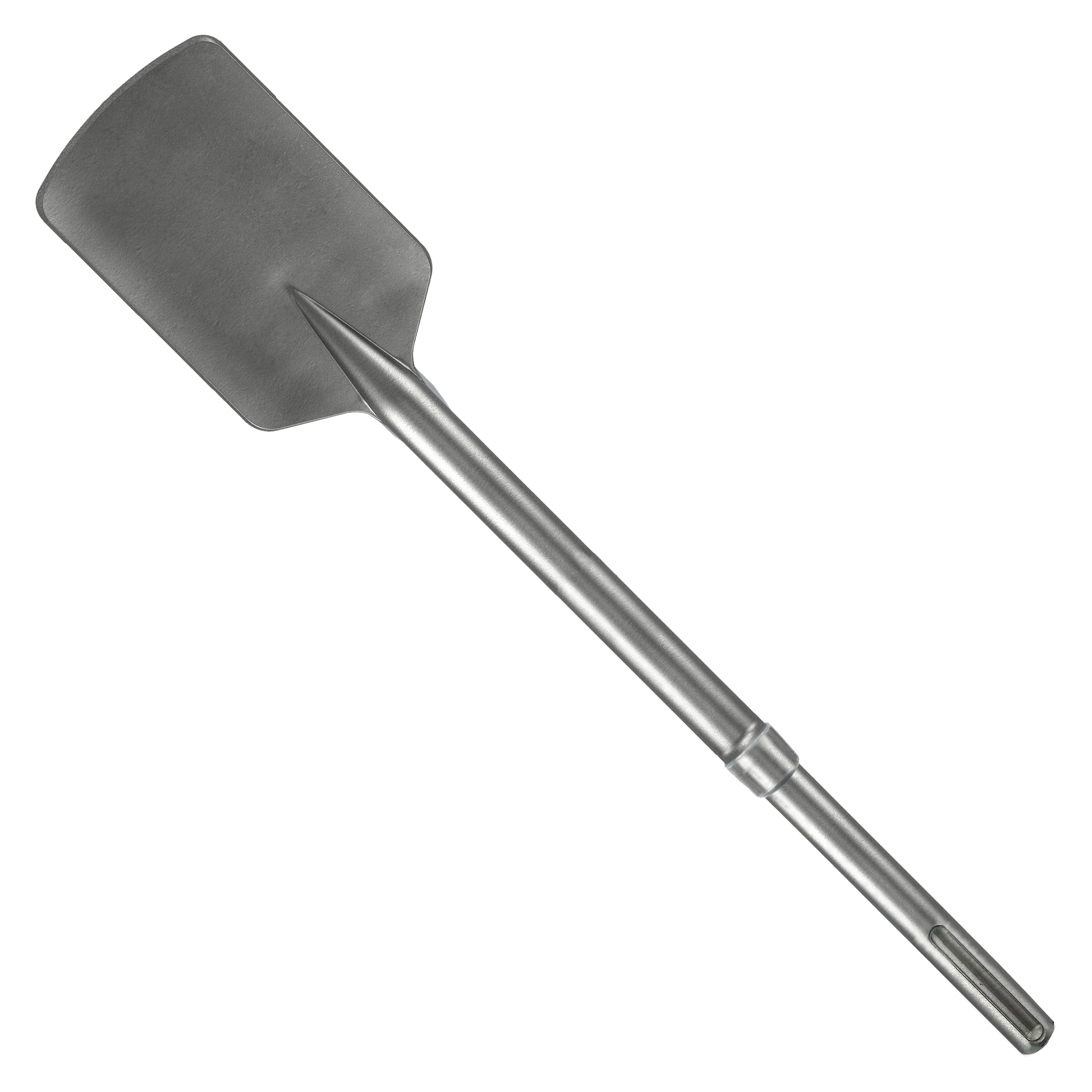 Gray SDS-Max asphalt cutter bit with flat rectangular head and fluted shank against white background.