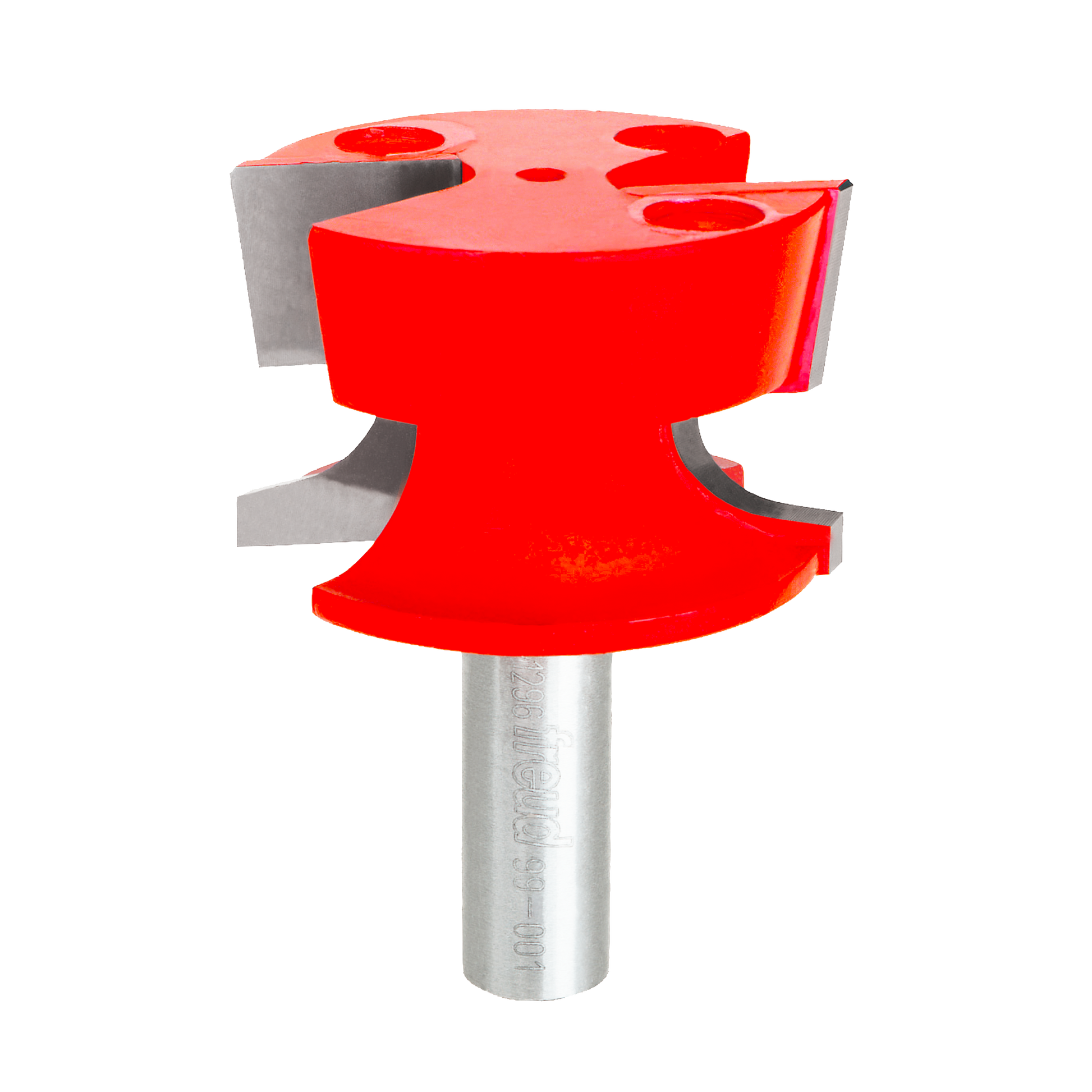 Red door lip router bit with metal shank and curved cutting edges for woodworking.