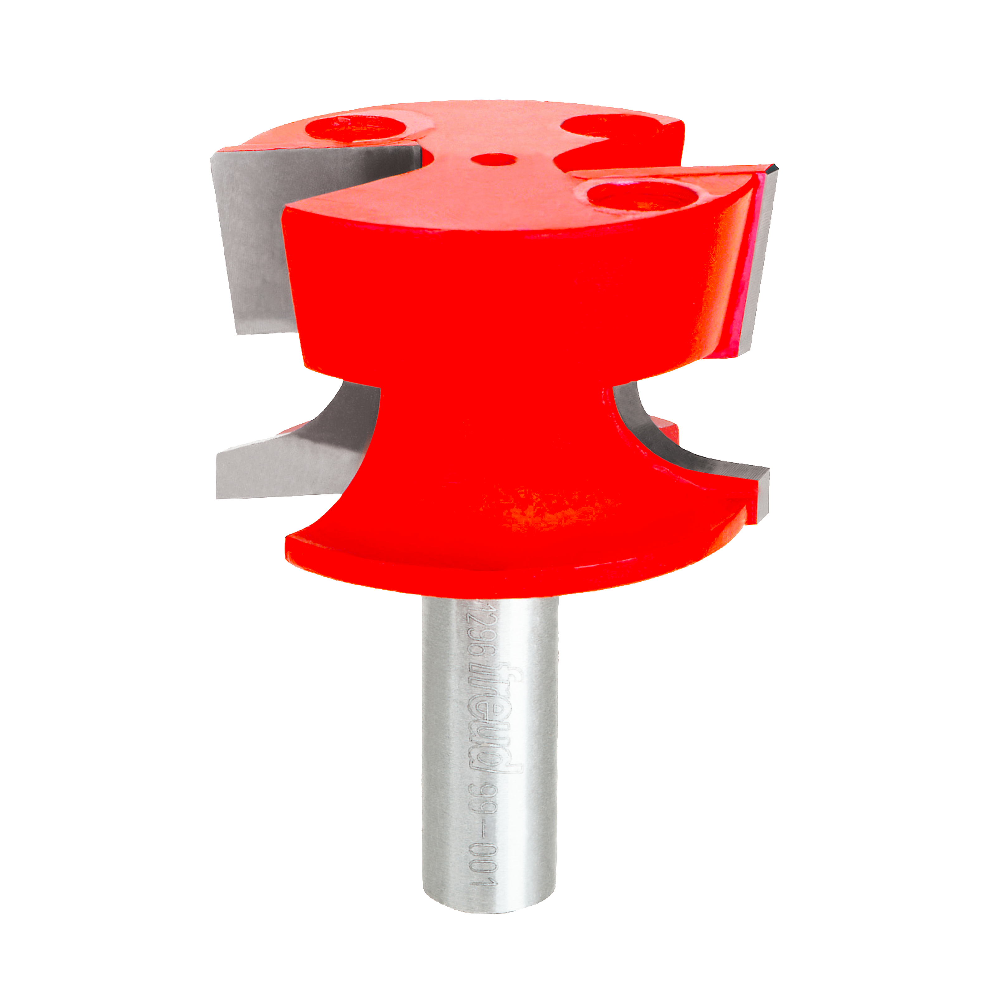 Red door lip router bit with metal shank and curved cutting edges for woodworking.