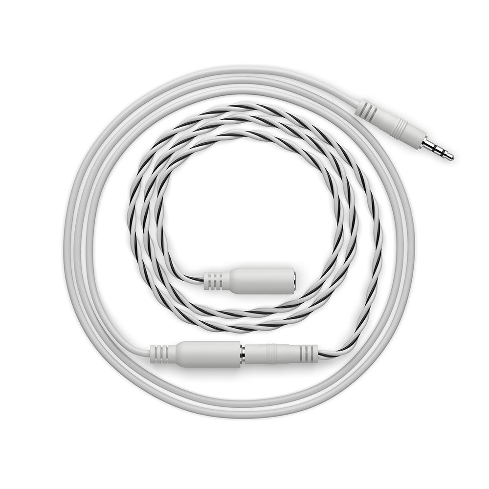 White coiled sensor cable with connectors at each end, displayed in a circular arrangement.