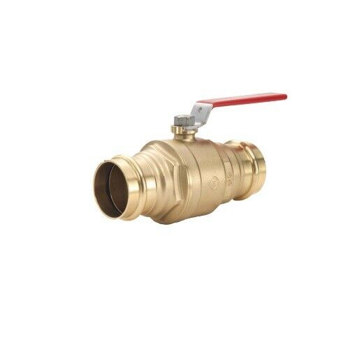 Brass ball valve with red lever handle and two push-fit connection ports.