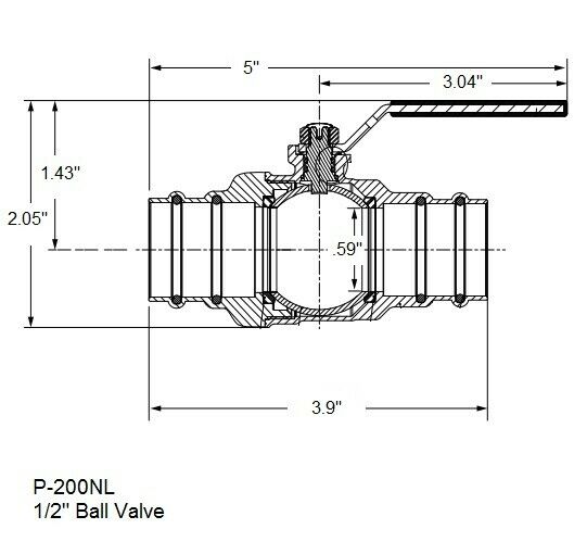 Brass ball valve with 1/2 inch threaded ports and top-mounted lever handle, technical diagram view.
