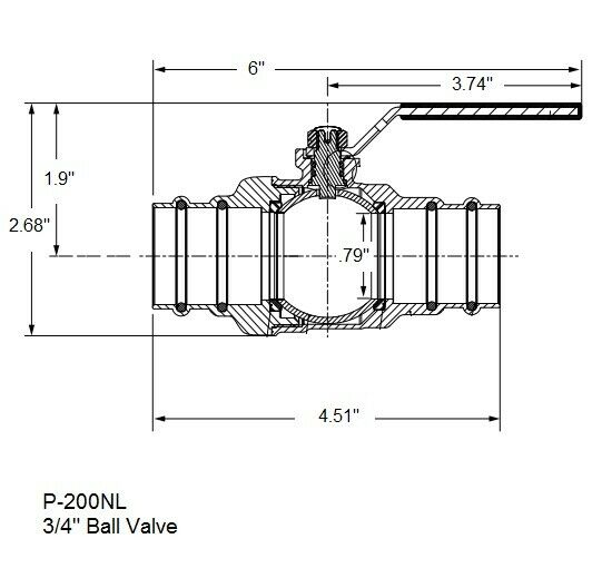 3/4 inch brass ball valve with lever handle and threaded ports, technical schematic with dimensions.