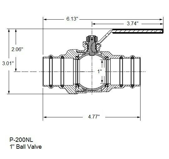 1 inch lead-free brass ball valve with press connections and lever handle, technical diagram showing dimensions and internal 
