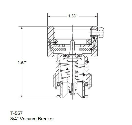 Technical cross-section diagram of T-557 brass vacuum breaker valve showing internal components and dimensions of 1.38" width