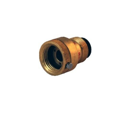 Brass vacuum breaker valve with female threaded connection and male outlet, featuring ribbed grip band and small drain hole.