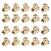 Twenty brass swing check valves with female threaded ports arranged in four rows of five.