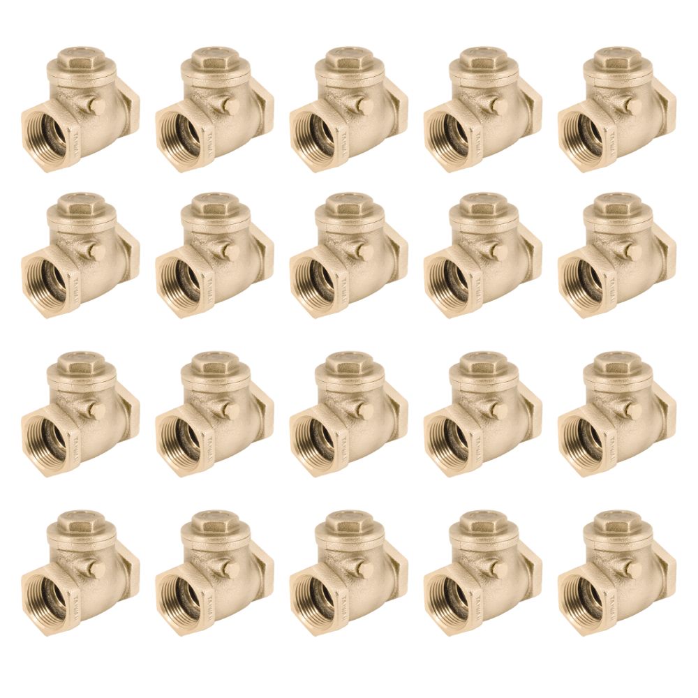 Twenty brass swing check valves with female threaded ports arranged in four rows of five.