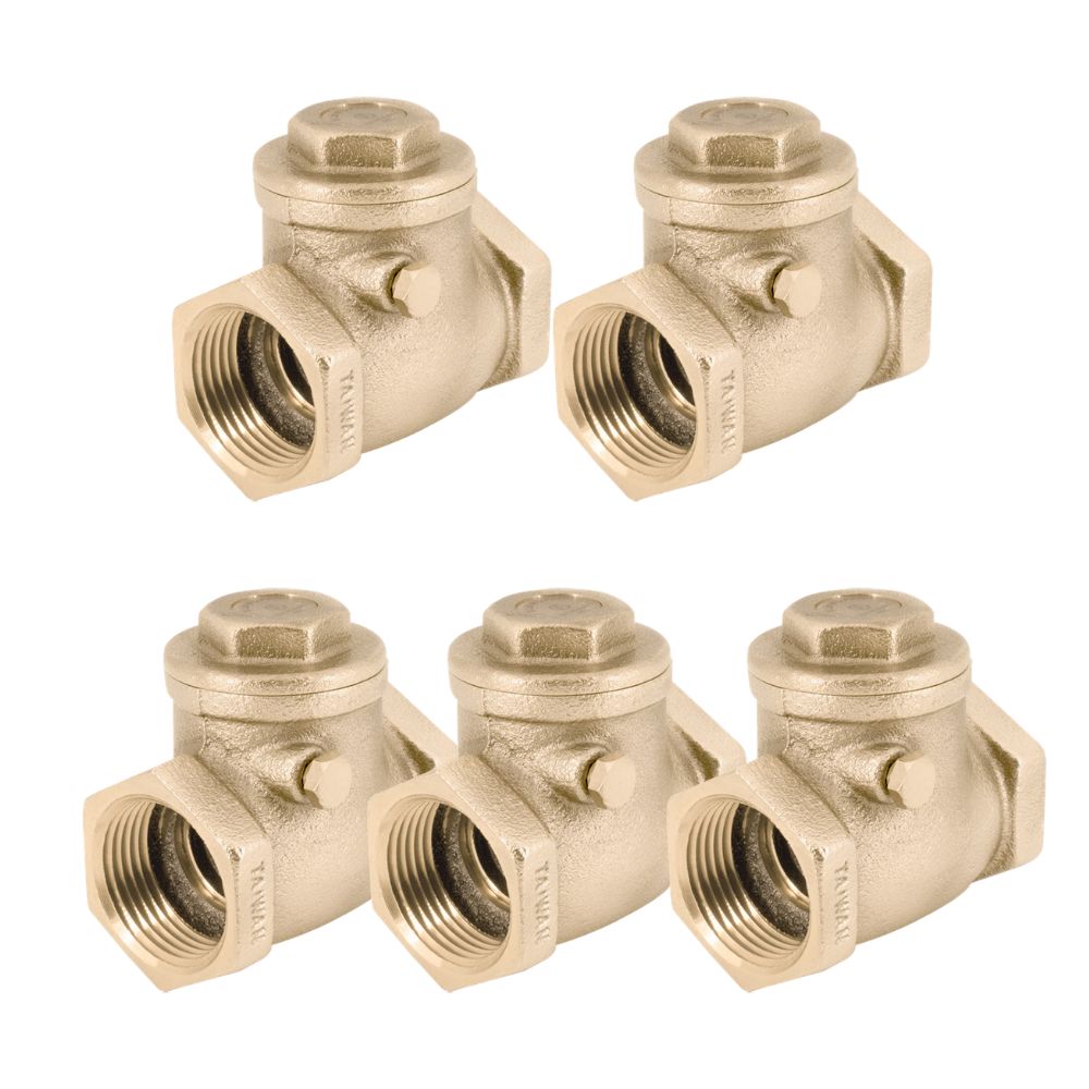 Five brass ball valves with threaded ports and drain plugs on top.