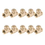 Ten brass swing check valves with threaded female connections arranged in two rows.