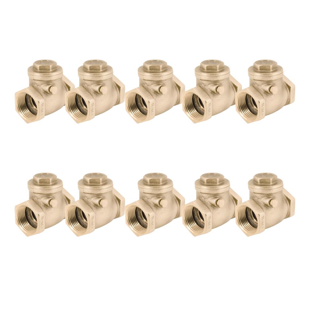 Ten brass swing check valves with threaded female connections arranged in two rows.