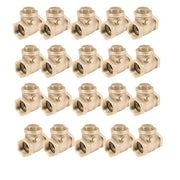 Twenty brass swing check valves with female threaded ports arranged in four rows.