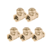 Five brass swing check valves with female threaded ports arranged in two rows.