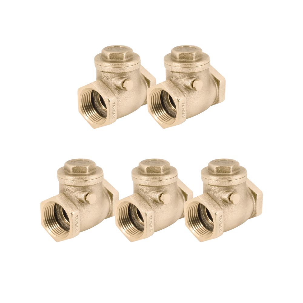 Five brass swing check valves with female threaded ports arranged in two rows.