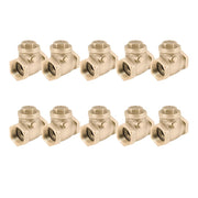 Ten brass swing check valves with female threaded ports arranged in two rows.